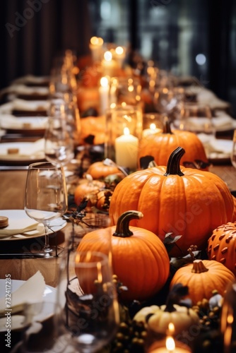 A long table adorned with candles and pumpkins, creating a festive atmosphere. Perfect for Halloween parties or autumn-themed events © Fotograf