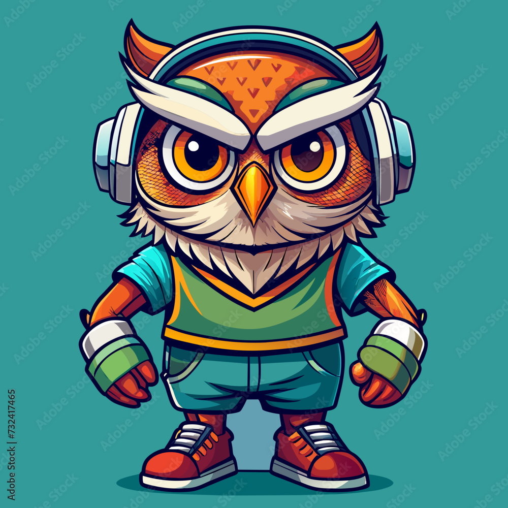 Owl Angry , cute, style , Big eye , Full Human Body , art 90 style , sport wear, headset, full body