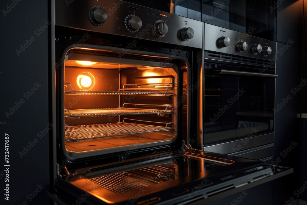 An open oven in a kitchen. Suitable for home cooking or baking illustrations An open oven in a kitchen. Suitable for home cooking or baking illustrations
