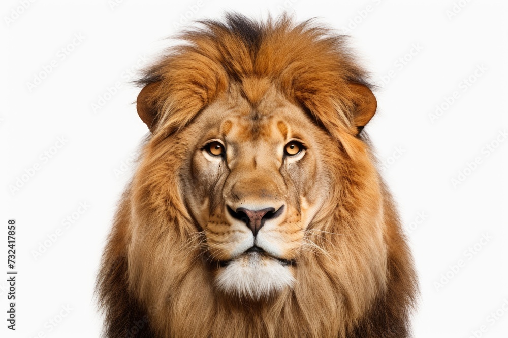 A close-up photograph of a lion captured on a white background. This image can be used for various purposes, such as educational materials