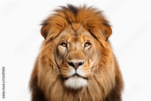 A close-up photograph of a lion captured on a white background. This image can be used for various purposes, such as educational materials © Fotograf