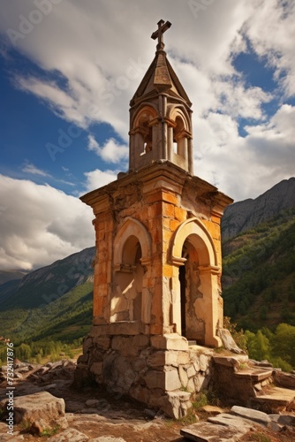 A small stone building with a steeple on top. Suitable for architectural designs and religious themes