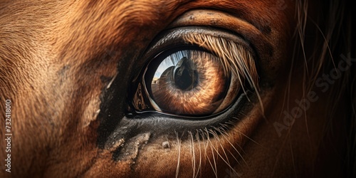A detailed close-up of a brown horse's eye. Perfect for equestrian enthusiasts or animal lovers. © Fotograf