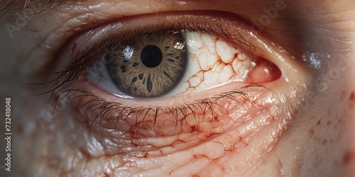 A close-up view of a person's eye with blood on it. Perfect for illustrating horror, injury, or medical concepts.