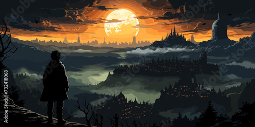 young woman with a glowing umbrella sitting on top of the building against the starry sky, digital art style, illustration painting