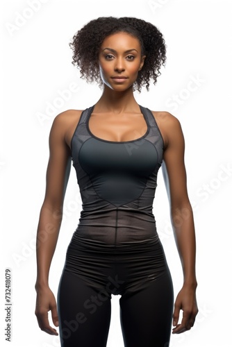 A woman wearing a black top and black leggings. Suitable for fashion, fitness, and casual wear