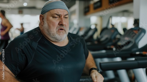 Exercising in a fitness club. An overweight middle-aged man runs on a treadmill in the gym.