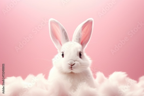 A white rabbit sitting on top of a pile of fluffy white clouds. Suitable for various uses