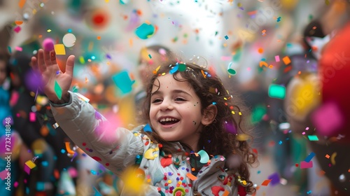 Joyful child playing with colorful confetti outdoors. capturing happiness and childhood fun. ideal for celebration themes. AI