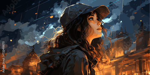 young woman with a glowing umbrella sitting on top of the building against the starry sky, digital art style, illustration painting