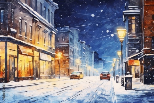 A painting depicting a snowy city street illuminated by streetlights at night. This image can be used to capture the beauty and serenity of a winter cityscape