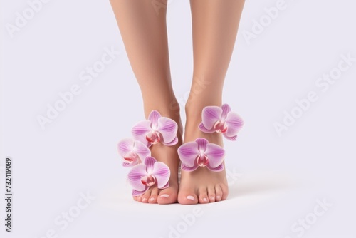 A close-up image of a woman s feet adorned with pink flowers. Perfect for adding a touch of femininity and elegance to any project