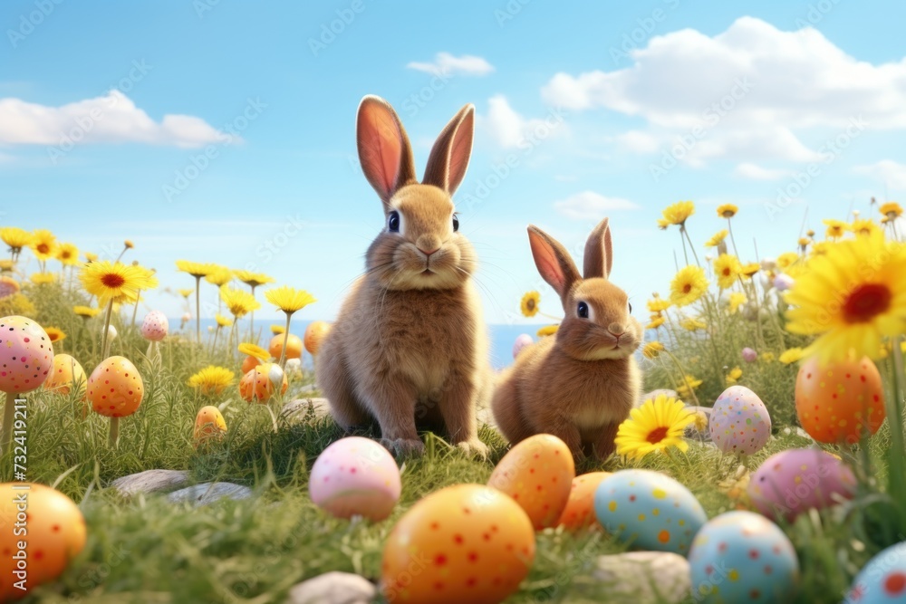 Two rabbits sitting in a field of colorful flowers. This image can be used to depict the beauty of nature and the peacefulness of wildlife