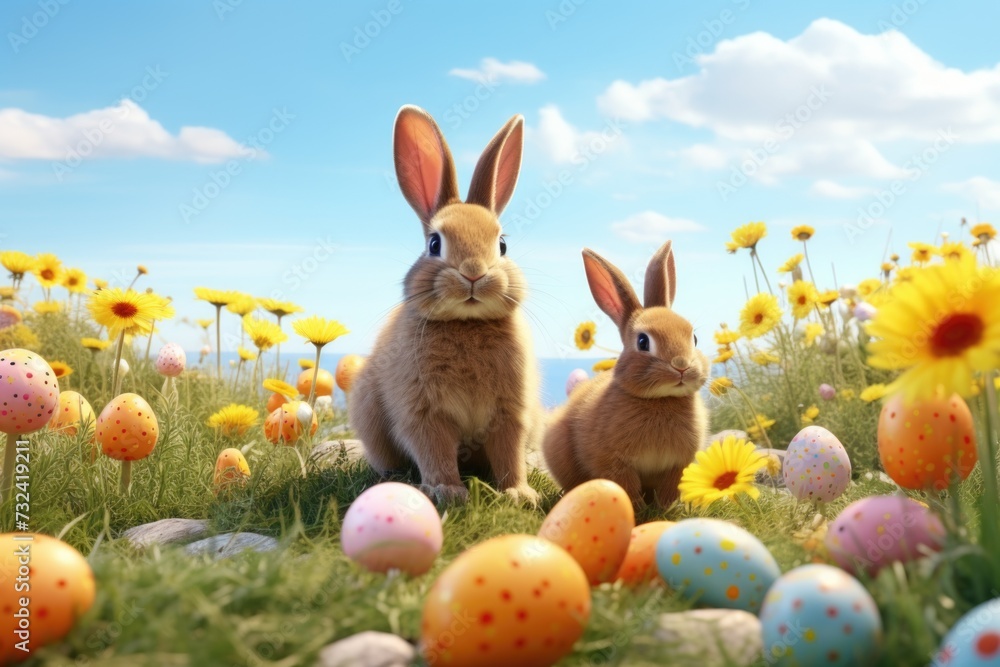 Two rabbits sitting in a field of colorful flowers. This image can be used to depict the beauty of nature and the peacefulness of wildlife Two rabbits sitting in a field of colorful flowers. This image can be used to depict the beauty of nature and the peacefulness of wildlife
