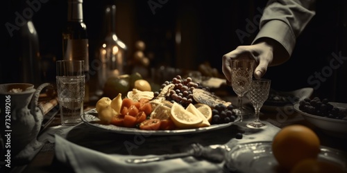 A plate of fresh and colorful fruit accompanied by a glass of red wine. Perfect for healthy eating or a sophisticated dinner party