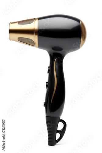 A sleek black and gold hair dryer on a clean white background. Perfect for beauty and fashion-related projects