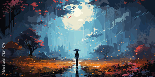 young woman with a glowing umbrella sitting on top of the building against the starry sky, digital art style, illustration painting