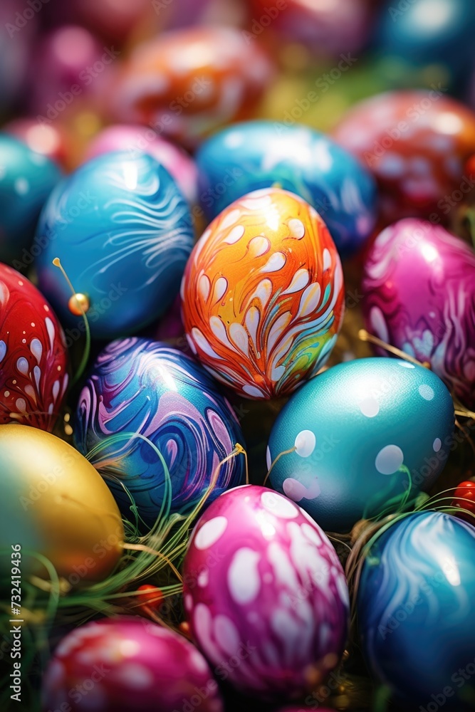 A pile of colorful Easter eggs sitting on top of grass. Perfect for Easter-themed designs and decorations