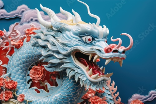 A statue of a dragon on a vibrant blue background. Perfect for fantasy-themed designs and illustrations © Fotograf