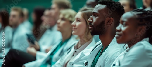 Diverse group of medical professionals attending a seminar. intently focused audience in white lab coats. ideal for educational content use. AI photo