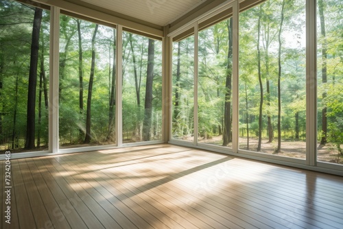 An empty room with multiple windows. Can be used for interior design concepts or as a background for showcasing furniture or decor