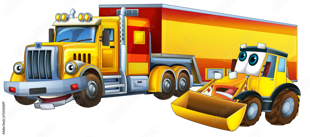 cartoon scene with heavy cargo truck and excavator digger workers talking togehter being happy illustration for children cartoon scene with heavy cargo truck and excavator digger workers talking togehter being happy illustration for children