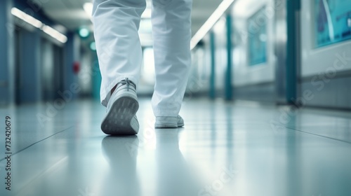 A person walking down a hospital hallway. Suitable for medical or healthcare-related projects