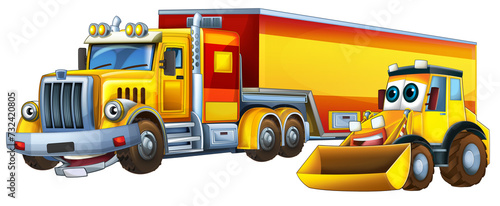 cartoon scene with heavy cargo truck and excavator digger workers talking togehter being happy illustration for children