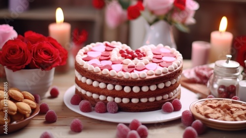 A heart-shaped cake placed on a wooden table. Perfect for romantic occasions or celebrations. © Fotograf