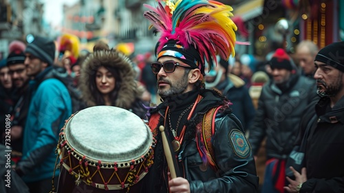 Vibrant street festival with drummer in colorful headgear. capturing the essence of cultural celebration. urban carnival scene. AI