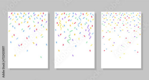 Set of backgrounds with colored confetti, ribbons, circles. Vector illustration. Social media banner template, for stories, posts, blogs, cards.