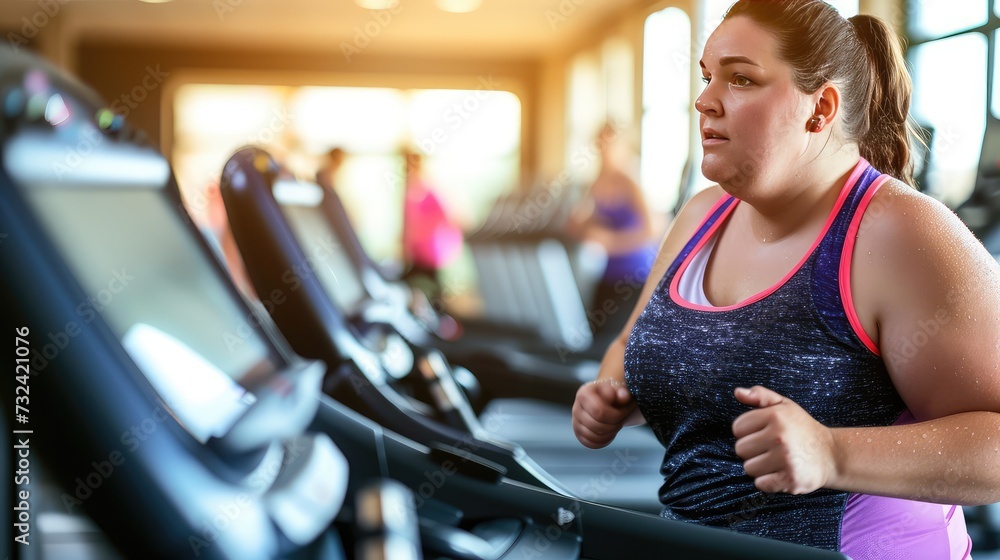 Fototapeta premium Exercising in a fitness club. A middle-aged woman is jogging on a treadmill in the gym. Fighting excess weight