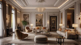 3D rendering of a drawing room that exudes elegance, featuring luxurious furnishings