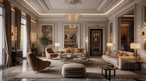 3D rendering of a drawing room that exudes elegance, featuring luxurious furnishings