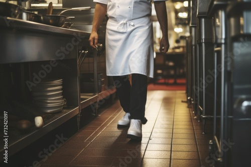 A man in a white chef's uniform walking through a kitchen. Suitable for culinary-related content photo