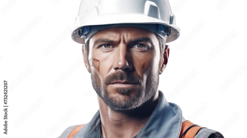 Fototapeta premium A construction worker wearing a hard hat. Suitable for construction-related projects