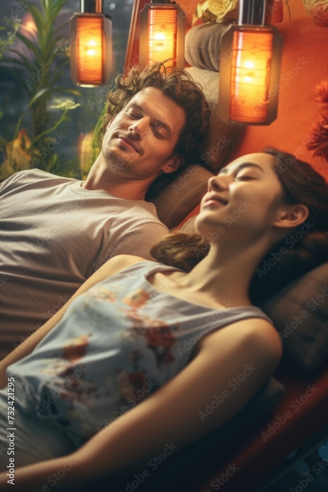 A man and a woman laying side by side on a bed. Perfect for illustrating a cozy and intimate moment A man and a woman laying side by side on a bed. Perfect for illustrating a cozy and intimate moment