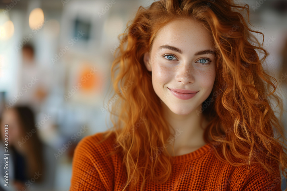 Portrait of a radiant redheaded woman with freckles, smiling in a bright indoor setting. Portrait of a radiant redheaded woman with freckles, smiling in a bright indoor setting.