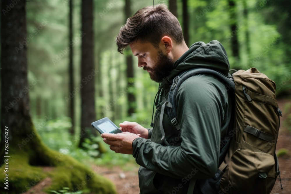 A man with a backpack is seen looking at his cell phone. This versatile image can be used to depict modern technology, communication, travel, or urban lifestyle A man with a backpack is seen looking at his cell phone. This versatile image can be used to depict modern technology, communication, travel, or urban lifestyle