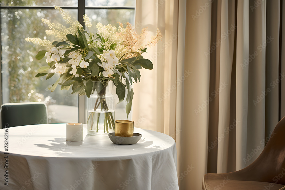 elegant, minimal table in warm light and aesthetic flowers (generative AI) elegant, minimal table in warm light and aesthetic flowers (generative AI)