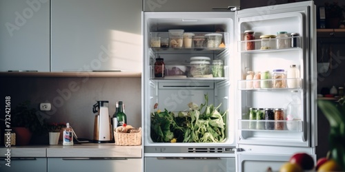 A picture of an open refrigerator filled with a variety of food items. Perfect for illustrating a well-stocked kitchen or healthy eating habits photo