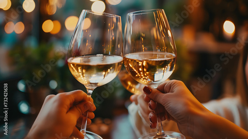 Close-up of wine glasses clinking together, two glasses of wine photo