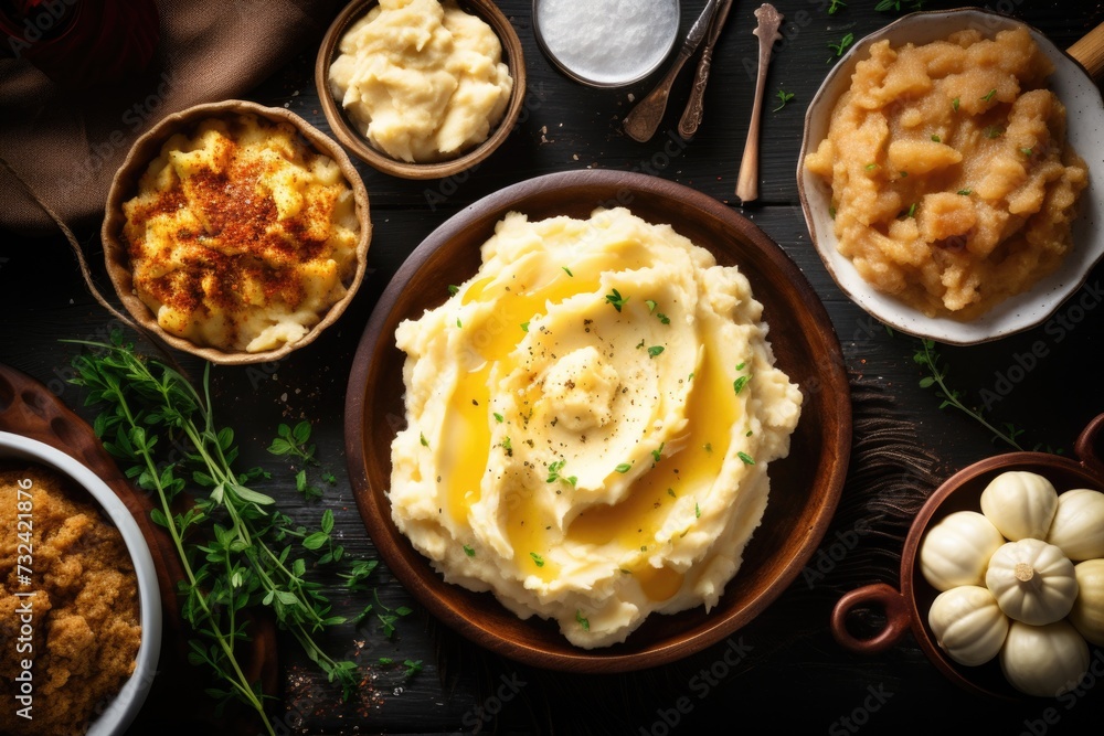 A table with bowls of mashed potatoes ready to be served. Perfect for food-related projects and recipes A table with bowls of mashed potatoes ready to be served. Perfect for food-related projects and recipes