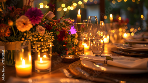 Decorate the dining table with candles, flowers, and elegant tableware, Elegant Dining Table Decoration