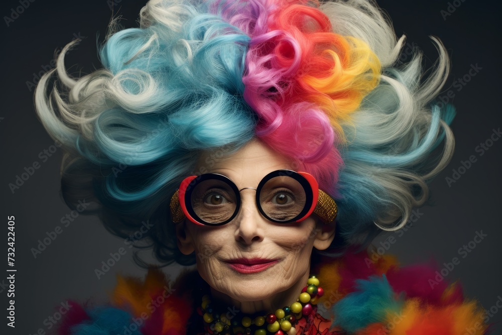 Trendy Old lady colored hair. Face fun wavy. Fictional person. Generate Ai
