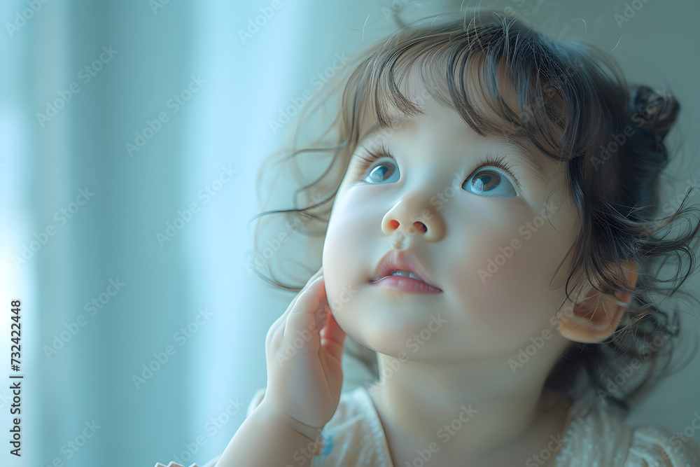 a little asian baby put the hand near the ear wants to listen the bird sound at nature. a little asian baby put the hand near the ear wants to listen the bird sound at nature.