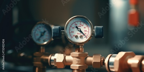 A detailed view of a pressure gauge mounted on a pipe. This image can be used to illustrate concepts related to industrial processes, monitoring, and measurement