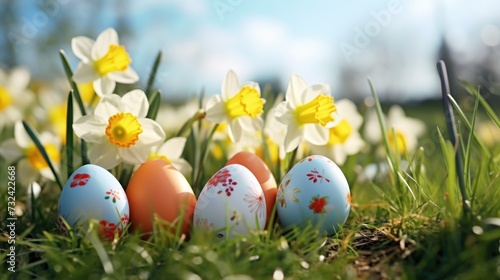 Colorful Easter eggs sitting in the grass. Perfect for Easter-themed projects or springtime designs