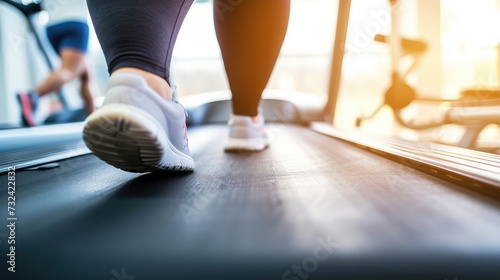 Female legs on a treadmill. Exercising in a fitness club. Overweight