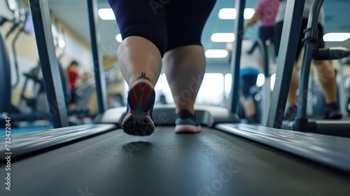 Female legs on a treadmill. Exercising in a fitness club. Overweight © poto8313